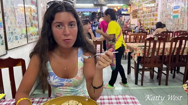 Katty eats lunch in an Asian cafe without panties and flashing pussy in public