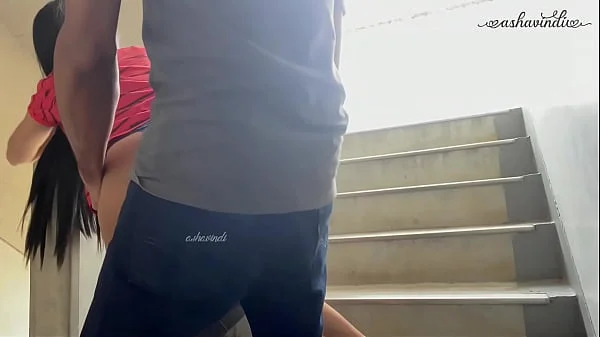 Teen fucked and squirted in a public staircase